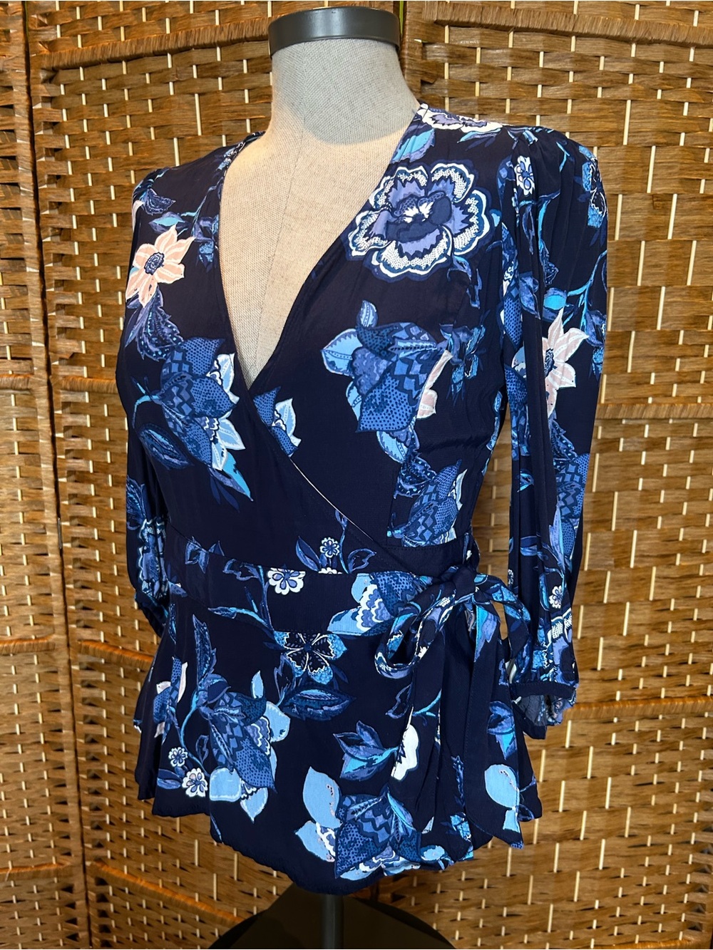 Floral Wrap Peplum Blouse XS Navy Blue 3/4 Sleeve Romantic Cottagecore